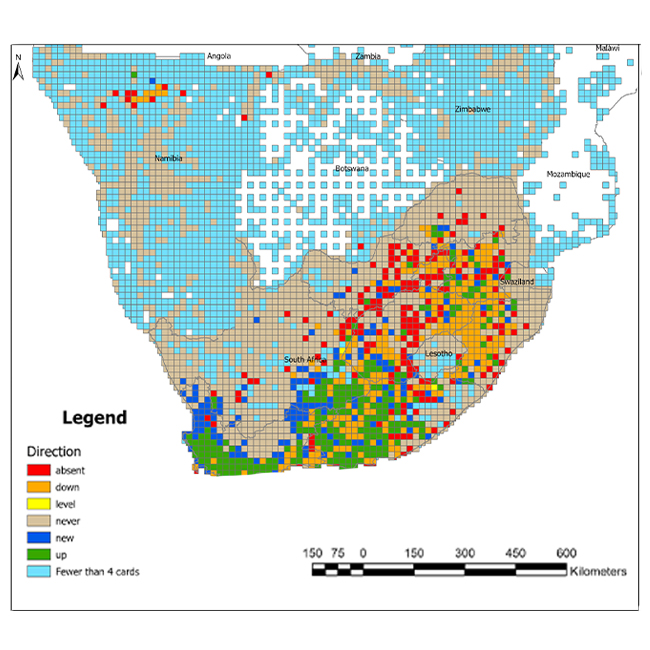 Map showing Blue Crane reporting rates in SABAP1 vs SABAP2