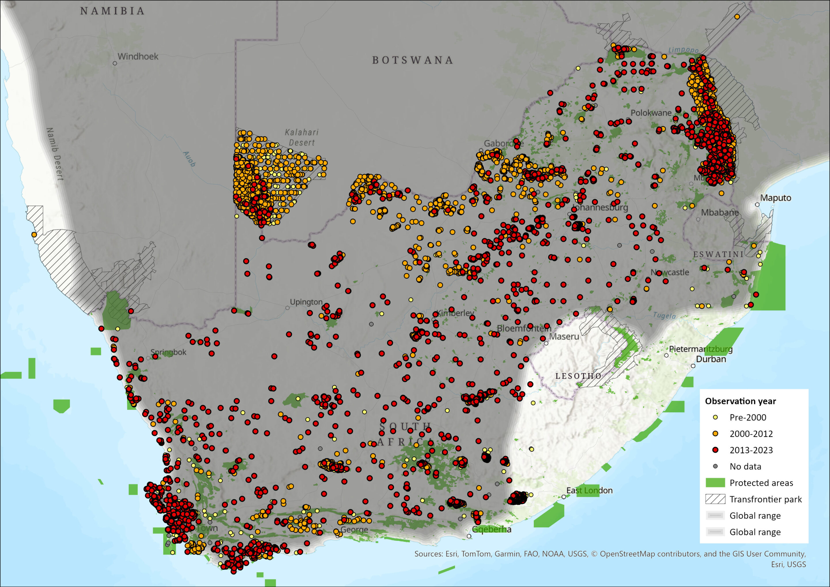 Distribution records for Steenbok in South Africa, Eswatini and Lesotho