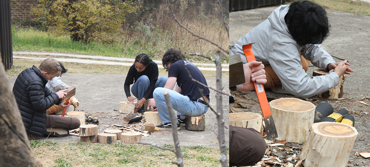 University of Pretoria students preparing invasive alien tree wood for a sensory garden.