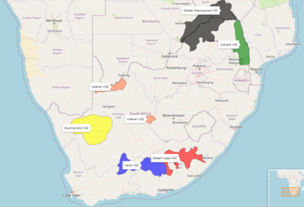 map showing The EWT Karoo & Kalahari VSZs, and other areas intended as future VSZs. 